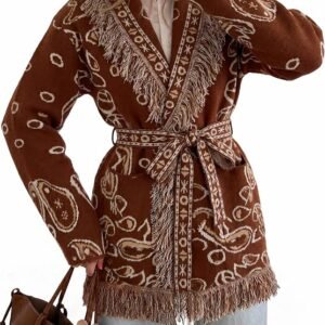 Brown paisley print fringe cardigan cardigan jacket with belt and tassels for women