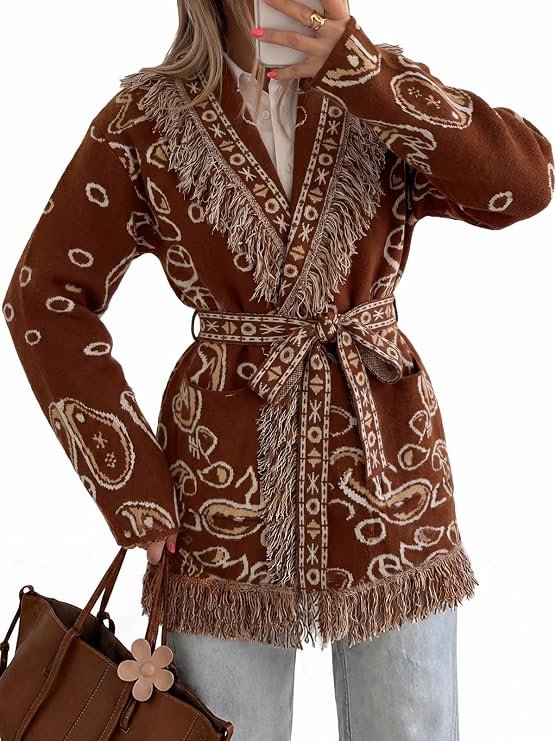 Brown paisley print fringe cardigan cardigan jacket with belt and tassels for women